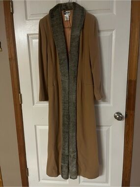Together Camel Long Coat with Gray Faux Fur Trim